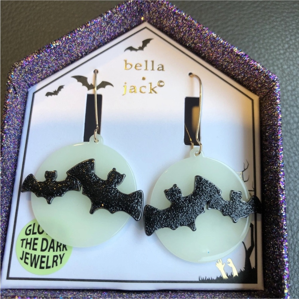 Bella & Jack Glow-In-The-Dark Black Bat & Full Moon Drop Earrings NIB